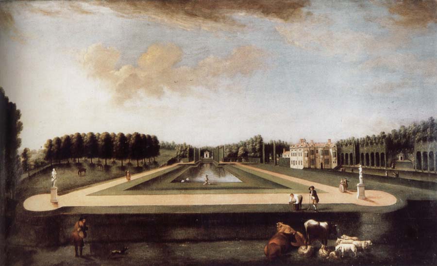 Axial view of the canal from the south showing Gibbs-s temple at the end of the Canal,the house and topiary alleys on the west side
